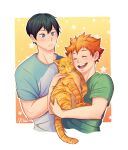  2boys ainudraws bangs black_hair blue_eyes cat closed_eyes haikyuu!! highres hinata_shouyou holding kageyama_tobio looking_at_viewer male_focus multiple_boys open_mouth orange_hair shirt short_hair signature simple_background smile sportswear t-shirt twitter_username volleyball_uniform white_background 