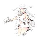  1girl breasts character_request closed_mouth dated dual_wielding ejami gun hat holding long_hair looking_at_viewer monochrome nail_polish navel signature simple_background solo swimsuit weapon white_background 