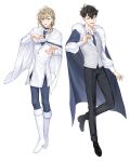  2boys 900_(gb_900) absurdres black_footwear black_hair black_jacket blue_cape blue_necktie boots cape collared_shirt fur_trim highres jacket kanae_(nijisanji) male_focus multiple_boys necktie nijisanji nijisanji_id official_art open_hand reza_avanluna shirt smile violet_eyes virtual_youtuber white_background white_cape white_footwear white_jacket white_shirt 