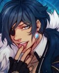  1boy alek_reyes black_gloves blue_background blue_eyes blue_hair collar earrings fingerless_gloves gem genshin_impact gloves highres jewelry kaeya_(genshin_impact) licking licking_finger male_focus necklace open_mouth ponytail signature solo teeth tongue 