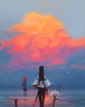  1girl bird black_hair clouds cloudy_sky from_behind highres lantern long_hair outdoors sam_yang ship sky standing water watercraft 