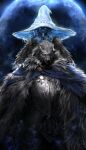  1boy 1girl absurdres animal_head armor blaidd_the_half-wolf blue_eyes blue_skin breastplate cape closed_mouth colored_skin elden_ring full_moon furry furry_male hat highres jang_ju_hyeon looking_at_viewer moon one_eye_closed own_hands_together ranni_the_witch smile violet_eyes witch_hat 