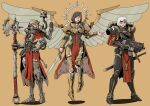  3girls adepta_sororitas armor axe black_eyes blonde_hair bob_cut bolter brown_hair disembodied_limb facial_tattoo full_body full_moon gas_mask gauntlets gun highres ho-uja holding holding_axe holding_gun holding_sword holding_weapon looking_at_viewer mask mechanical_arms moon multiple_girls open_mouth pauldrons scabbard shadow sheath short_hair shoulder_armor simple_background single_mechanical_arm skull standing sword tattoo techpriest warhammer_40k weapon white_hair wings yellow_background 