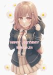  1girl :o bangs black_shirt blush breasts brown_hair brown_skirt collared_shirt commentary_request cowboy_shot danganronpa_(series) danganronpa_2:_goodbye_despair dated dress_shirt flipped_hair flower galaga grey_background hair_ornament hairclip happy_birthday hood hood_down jacket long_sleeves looking_at_viewer matcha_rate_(ma_chaumauma) medium_hair nanami_chiaki neck_ribbon pink_eyes pink_ribbon pleated_skirt ribbon shirt simple_background skirt solo white_shirt 