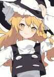  1girl apron black_dress blonde_hair bow braid buttons dress frilled_dress frills hair_bow hat highres juliet_sleeves kirisame_marisa kozomezuki long_hair long_sleeves one-hour_drawing_challenge puffy_sleeves simple_background single_braid smile solo touhou waist_apron white_background witch_hat yellow_eyes 