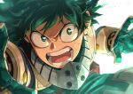  1boy angry bodysuit boku_no_hero_academia bright_pupils electricity freckles glint gloves glowing green_bodysuit green_hair light male_focus mask mask_removed midoriya_izuku mkm_(mkm_storage) open_mouth shouting teeth tongue white_background white_gloves white_pupils 