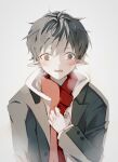  1boy arknights bishounen black_hair blush coat collared_shirt faust_(arknights) highres kimven_(wenzisama) male_focus open_mouth pointy_ears red_scarf scarf shirt short_hair simple_background solo steam tearing_up tears upper_body white_background 