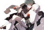  2boys arknights armband bishounen black_hair closed_eyes coat faust_(arknights) full_body highres holding holding_hands holding_person kimven_(wenzisama) male_focus mephisto_(arknights) multiple_boys pointy_ears shoes shorts simple_background socks water white_background white_hair 