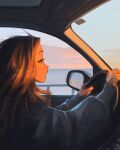  1girl brown_hair car day driving ground_vehicle hands_up highres indoors lips long_hair long_sleeves looking_afar motor_vehicle open_mouth profile sam_yang 