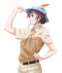  1boy belt blue_headwear breast_pocket brown_eyes brown_hair captain_(kemono_friends) commentary cowboy_shot from_side grin hand_on_headwear hand_on_hip hat hat_feather highres japari_symbol kemono_friends looking_away male_focus pocket profile shirt short_sleeves simple_background smile solo tanabe_(fueisei) white_background wing_collar 