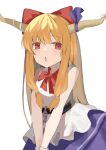  1girl absurdres belt bow chain eyebrows_visible_through_hair fang hair_bow highres horn_bow horn_ornament horn_ribbon horns ibuki_suika oni orange_hair red_eyes ribbon skin_fang solo touhou tsukikaze_aki white_background 