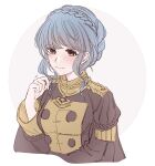  1girl bangs blue_hair blunt_bangs blush braid brown_eyes buttons closed_mouth cropped_torso crown_braid epaulettes eyebrows_visible_through_hair fire_emblem fire_emblem:_three_houses garreg_mach_monastery_uniform hand_in_hair long_sleeves marianne_von_edmund short_hair sidelocks solo uniform yutohiroya 