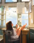  1girl brown_hair chair clouds day feet highres holding holding_pen indoors legs legs_up long_hair pen sam_yang sitting sky solo table thighs window 
