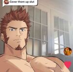  1boy brown_hair closed_mouth commentary_request cover_them_up_slut_(meme) cross_scar dialogue_box facial_hair fate/grand_order fate_(series) goatee grey_eyes heart indoors large_pectorals loboke long_sideburns looking_at_viewer male_focus meme muscular muscular_male napoleon_bonaparte_(fate) pectorals scar scar_on_chest short_hair sideburns solo spiky_hair topless_male 