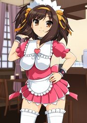  1girl alternate_costume apron bangs blurry bow breasts brown_hair chair closed_mouth commentary_request counter depth_of_field dress eyebrows_visible_through_hair frilled_apron frilled_dress frilled_legwear frills hair_bow hairband hand_on_hip hand_up haruhisky heart highres impossible_clothes impossible_dress indoors looking_at_viewer maid maid_headdress medium_breasts medium_hair orange_bow orange_hairband pink_dress pleated_dress puffy_short_sleeves puffy_sleeves short_sleeves smile solo standing suzumiya_haruhi suzumiya_haruhi_no_yuuutsu thigh-highs waist_apron waitress white_apron white_legwear window wrist_cuffs zettai_ryouiki 