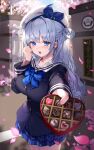  1girl absurdres bangs blue_bow blue_bowtie blue_eyes blue_jacket blue_skirt blush bow bowtie box box_of_chocolates braid breasts cherry_blossoms copyright_request eyebrows_visible_through_hair highres incoming_food incoming_gift jacket kokko_(kokko3045) large_breasts long_hair long_sleeves looking_at_viewer one_side_up open_mouth outdoors petals plaid plaid_bow plaid_bowtie plaid_skirt pleated_skirt sailor_collar school_uniform serafuku silver_hair skirt solo very_long_hair white_headwear white_sailor_collar 