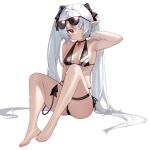  1girl arm_behind_head asymmetrical_bangs bangs bikini black-framed_eyewear black_bikini black_ribbon blue_archive blush breasts choker closed_mouth dark-skinned_female dark_skin demon_tail eyewear_on_head feet full_body hair_over_one_eye hair_ribbon hand_up highres iori_(blue_archive) long_hair official_alternate_costume pointy_ears prossss red_choker red_eyes ribbon side-tie_bikini silver_hair simple_background small_breasts solo sunglasses swimsuit tail twintails wet white_background 