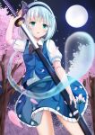  1girl absurdres aqua_eyes bangs black_bow black_bowtie black_hairband blue_skirt blue_vest blush bow bowtie cherry_blossoms collared_shirt dress_shirt frilled_skirt frills full_moon hairband highres holding holding_sheath holding_sword holding_weapon konpaku_youmu konpaku_youmu_(ghost) medium_hair miniskirt moon night open_mouth sheath shiny shiny_hair shirt short_sleeves silver_hair skirt solo standing suraberu sword touhou unsheathing vest weapon white_shirt wing_collar 