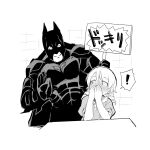  ! 1boy 1girl armor bangs batman batman_(series) blush closed_eyes commentary_request covering_mouth crossover dc_comics dress drill_hair greyscale height_difference holding holding_sign idolmaster idolmaster_cinderella_girls looking_to_the_side masked medium_hair monochrome morikubo_nono muscular muscular_male puffy_short_sleeves puffy_sleeves short_sleeves sign smile surprised table uccow waving 