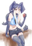  1girl :i african_elephant_(kemono_friends) apple bare_shoulders belt black_shorts blue_shirt brown_eyes commentary eating elbow_gloves elephant_ears elephant_tail food fruit gloves gradient_hair grey_hair grey_legwear grey_scarf highres kemono_friends looking_at_viewer midriff multicolored_hair navel scarf shirt short_hair_with_long_locks short_shorts shorts simple_background sleeveless sleeveless_shirt solo tanabe_(fueisei) thigh-highs white_background white_hair 