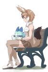  1girl animal_ear_fluff animal_ears bare_arms bench boots commentary dhole_(kemono_friends) extra_ears eyebrows_visible_through_hair from_side full_body gloves grey_legwear highres kemono_friends light_brown_hair looking_down lucky_beast_(kemono_friends) multicolored_hair pleated_skirt profile shirt short_hair simple_background sitting skirt sleeveless sleeveless_shirt smile tail tanabe_(fueisei) thigh-highs two-tone_hair white_footwear white_gloves white_hair 