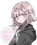  1girl bangs black_jacket blush boa_(boar_drdr) collared_shirt danganronpa_(series) danganronpa_2:_goodbye_despair dated dress_shirt from_side galaga hair_ornament happy_birthday highres hood hood_down hooded_jacket jacket looking_at_viewer medium_hair nanami_chiaki neck_ribbon pink_eyes pink_ribbon ribbon shirt smile solo 