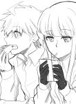  1boy 1girl ahoge alternate_hairstyle bangs collared_shirt commentary_request danganronpa:_trigger_happy_havoc danganronpa_(series) drinking drinking_straw_in_mouth eyebrows_visible_through_hair food gloves greyscale highres holding holding_food hot_dog karen_(karenendo) kirigiri_kyouko long_hair long_sleeves monochrome naegi_makoto pointy_nose profile shirt short_hair sketch teeth 