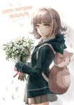  1girl absurdres animal_bag backpack bag bangs bouquet breasts brown_skirt cat_bag collared_shirt commentary_request danganronpa_(series) danganronpa_2:_goodbye_despair dated dress_shirt eyebrows_visible_through_hair flipped_hair flower galaga green_jacket hair_ornament happy_birthday highres holding holding_bouquet hood hood_down jacket long_sleeves looking_at_viewer medium_hair miniskirt nanami_chiaki neck_ribbon pink_eyes pink_ribbon pleated_skirt ribbon shirt skirt solo white_shirt zabuton_(zabutondeluxe) 