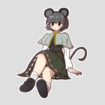  1girl animal_ears bangs black_footwear brown_eyes dress eyebrows_visible_through_hair full_body grey_background grey_dress grey_hair jewelry kunugi_oekaki long_sleeves looking_at_viewer mouse_ears mouse_girl mouse_tail nazrin open_mouth pendant short_hair simple_background sitting solo tail touhou white_legwear 
