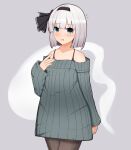  1girl alternate_costume bangs bare_shoulders black_hairband black_ribbon blue_eyes blush bra dress eyebrows_visible_through_hair finaltakenoko ghost green_dress grey_background grey_bra grey_hair grey_legwear hair_between_eyes hairband hand_up hitodama konpaku_youmu konpaku_youmu_(ghost) long_sleeves looking_at_viewer off-shoulder_dress off_shoulder open_mouth pantyhose ribbon short_hair simple_background solo touhou underwear wide_sleeves 