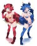  2girls :d absurdres animal_hands bangs blue_eyes blue_footwear blue_gloves blue_hair boots breasts claws commentary elbow_gloves eyebrows_visible_through_hair fang full_body gloves hair_between_eyes hand_on_hip hand_up highres jewelry kemono_friends looking_at_viewer medium_breasts multiple_girls navel necklace open_mouth paw_gloves paw_shoes red_footwear red_gloves redhead shiisaa_lefty shiisaa_right short_hair simple_background smile tanabe_(fueisei) thigh-highs thigh_boots white_background 