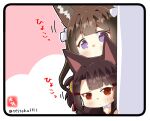 akagi-chan_(azur_lane) amagi-chan_(azur_lane) animal_ears azur_lane bangs bell blunt_bangs brown_hair commentary_request eyebrows_visible_through_hair fox_ears fox_girl hair_bell hair_between_eyes hair_ornament hair_ribbon japanese_clothes long_hair long_sleeves looking_at_viewer peeking_out purple_hair red_eyes ribbon sidelocks signature simple_background taisa_(kari) thick_eyebrows translation_request twintails twitter_username wide_sleeves 