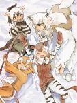  &gt;_&lt; 5girls :d ^^^ aardwolf_(kemono_friends) all_fours animal_ears aran_sweater arctic_fox_(kemono_friends) arms_up bangs black_eyes black_hair blonde_hair blush brown_hair character_request closed_eyes commentary_request from_above gloves hair_between_eyes kemono_friends long_hair long_sleeves lying mittens multicolored_hair multiple_girls okapi_(kemono_friends) on_back open_mouth ponytail shuushuusha sitting smile snow snowman sweater tail two-tone_hair white_hair yellow_eyes 