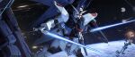  beam_saber dual_wielding explosion flying freedom_gundam glowing glowing_eye gundam gundam_seed highres holding holding_sword holding_weapon mecha mechanical_wings no_humans orange_eyes planet science_fiction shenpei_wu solo space sword v-fin weapon wings 