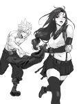  1boy 1girl black_hair black_legwear black_skirt blue_eyes blush breasts cloud_strife crop_top elbow_gloves final_fantasy final_fantasy_vii final_fantasy_vii_remake fingerless_gloves gloves greyscale highres long_hair low-tied_long_hair midriff monochrome navel open_mouth skirt spiky_hair spykeee1945 suspender_skirt suspenders tank_top thigh-highs tifa_lockhart topless_male 