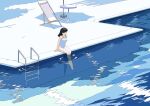  1girl bangs barefoot black_hair breasts closed_eyes edoya_inuhachi highres medium_hair one-piece_swimsuit original partially_submerged pool pool_ladder poolside sitting soaking_feet solo swimsuit symbol-only_commentary water white_swimsuit 