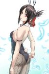  1girl animal_ears ass black_hair black_leotard bow bowtie breasts cowboy_shot detached_collar fishnet_legwear fishnets folded_ponytail from_behind hair_ribbon kaguya-sama_wa_kokurasetai_~tensai-tachi_no_renai_zunousen~ leotard looking_at_viewer pantyhose playboy_bunny rabbit_ears rabbit_tail red_bow red_bowtie red_eyes red_ribbon ribbon shinomiya_kaguya small_breasts solo strapless strapless_leotard tail wrist_cuffs xauching 