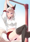  1girl :3 animal_ears arms_up bangs black_legwear blush bow breasts commentary_request crop_top curren_chan_(umamusume) ear_bow highres horse_ears looking_at_viewer medium_breasts midriff navel red_bow red_shorts shirt short_hair short_shorts shorts silver_hair smile solo stomach strategist_hina tail thigh-highs thighs umamusume violet_eyes white_shirt 