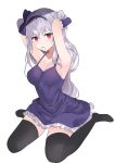  1girl absurdres armpits arms_behind_head arms_up bare_shoulders black_legwear breasts celite dress frilled_dress frills grey_hair hair_bun hair_tie_in_mouth hairband halter_dress halterneck highres long_hair looking_at_viewer medium_breasts mouth_hold no_shoes original purple_dress red_eyes simple_background sitting sleeveless sleeveless_dress solo spaghetti_strap thigh-highs very_long_hair wariza white_background zettai_ryouiki 