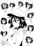  3girls :o ^_^ angry ashiroku_(miracle_hinacle) cabbie_hat closed_eyes closed_mouth collared_shirt cosplay expression_chart expressions face flat_cap grin happy hat highres himekaidou_hatate inubashiri_momiji jacket laughing long_sleeves looking_at_viewer monochrome multiple_girls multiple_views necktie no_wings open_mouth pointy_ears shameimaru_aya shameimaru_aya_(cosplay) shameimaru_aya_(newsboy) shirt short_hair simple_background smile suit_jacket touhou upper_body wavy_mouth white_background worried 