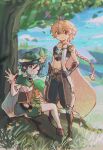  2boys absurdres aether_(genshin_impact) androgynous bard beret black_gloves black_hair blonde_hair braid braided_ponytail collared_cape earrings flower frilled_sleeves frills fuburger genshin_impact gloves gradient_hair grass green_headwear green_shorts hat hat_flower highres holding holding_instrument instrument jewelry leaf looking_at_viewer lyre male_focus midriff multicolored_hair multiple_boys navel one_eye_closed outdoors short_hair_with_long_locks shorts side_braids single_earring smile teeth tree twin_braids venti_(genshin_impact) waving white_flower 