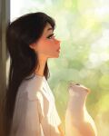  1girl black_hair blurry blurry_background cat highres indoors lips long_hair looking_up parted_lips profile sam_yang window 