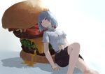  1girl absurdres bangs bare_arms bare_legs blue_eyes blue_hair blunt_bangs breasts burger cheese closed_mouth collared_shirt commentary_request food food_focus frs highres knee_up leaning_back lettuce light_particles original shadow shirt short_sleeves simple_background sitting smile solo tomato white_background white_shirt 