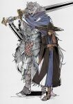  2boys armor belt blaidd_the_half-wolf blue_cape blue_eyes boots breastplate brown_robe cape denny626 elden_ring faulds furry furry_male hand_on_headwear hat height_difference highres holding holding_sword holding_weapon looking_at_viewer male_focus mask multiple_boys one_eye_closed preceptor_seluvis simple_background standing sword weapon white_background 