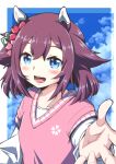  1girl animal_ears blue_eyes casual clouds collarbone commentary_request flower hair_flower hair_ornament horse_ears horse_girl looking_at_viewer open_mouth pink_hair reaching_out sakura_chiyono_o_(umamusume) shirt sky solo tkbn_r umamusume 
