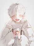 1boy arknights bishounen blush closed_eyes coffee coffee_cup cup disposable_cup highres holding holding_cup jacket kimven_(wenzisama) male_focus mephisto_(arknights) open_mouth shirt short_hair smile solo turtleneck upper_body white_hair white_shirt 