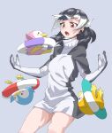  1girl :o black_hair chinstrap_penguin_(kemono_friends) commentary cowboy_shot earphones eyebrows_visible_through_hair grey_background grey_hair highres innertube jacket kemono_friends long_hair looking_away multicolored_hair open_mouth red_eyes simple_background solo tanabe_(fueisei) turtleneck white_hair 
