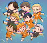  6+boys ainudraws bangs black_hair blonde_hair blue_eyes character_request chibi glasses green_eyes green_hair haikyuu!! highres hinata_shouyou kageyama_tobio looking_at_viewer male_focus multiple_boys numbered open_mouth orange_eyes orange_hair short_hair simple_background smile sportswear star_(symbol) volleyball_uniform white_hair yellow_eyes 