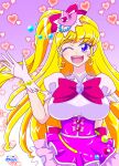  1girl absurdres artist_request asahina_mirai blonde_hair blue_eyes breasts cure_miracle eyebrows_visible_through_hair eyes_visible_through_hair gloves highres large_breasts looking_at_viewer mahou_girls_precure! non-web_source one_eye_closed open_mouth precure solo source_request waving white_gloves 