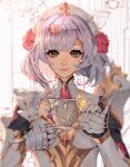  1girl armor bangs breasts brown_eyes cup flower genshin_impact grey_hair hair_flower hair_ornament highres holding holding_cup holding_plate knight kozdoma maid_headdress medium_breasts metal_gloves noelle_(genshin_impact) pinky_out plate portrait red_flower red_rose rose short_hair smile solo teacup 